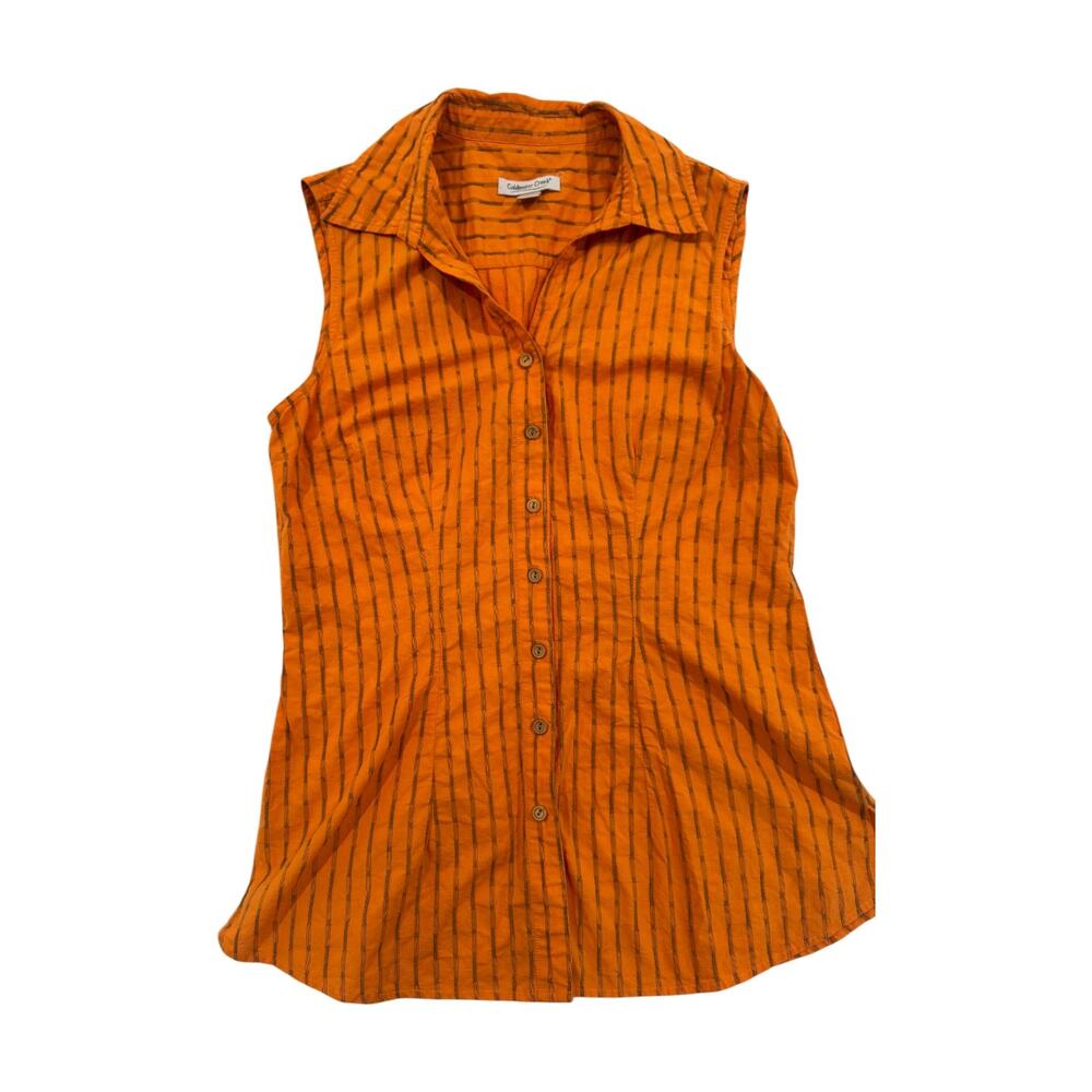 Coldwater Creek Orange Striped Button Front Cotton Blouse Women's Large Summer